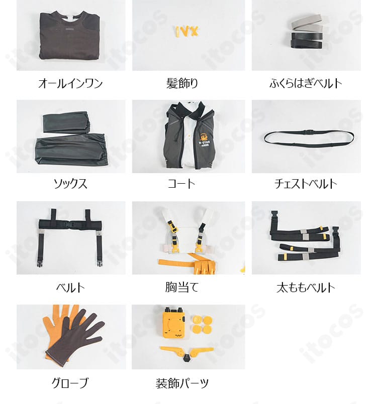 ヴェクターのコスプレ衣装とコート、胸当て、ベルト、髪飾りのセット内容