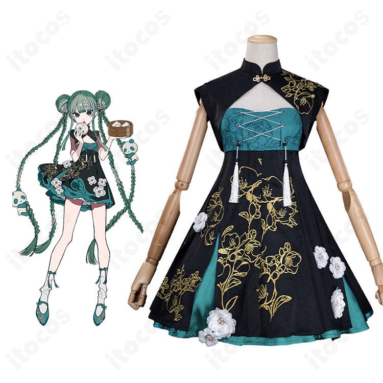初音ミクのキャラクターイメージとツリービレッジカフェのチャイナ風コスプレ衣装