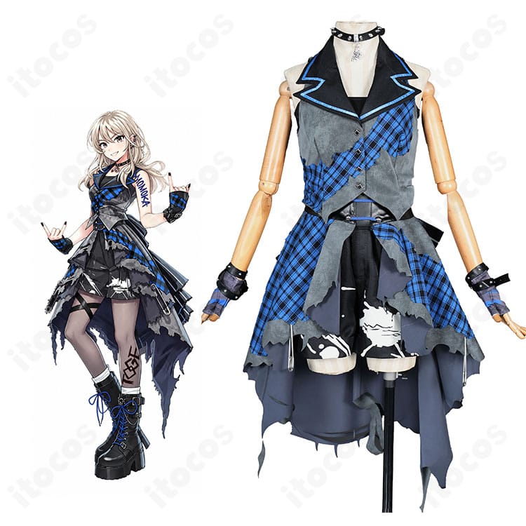 『ガールズバンドクライ』河原木桃香のキャラクター画像と、ブルーチェック×ブラックのコスプレ衣装の商品画像