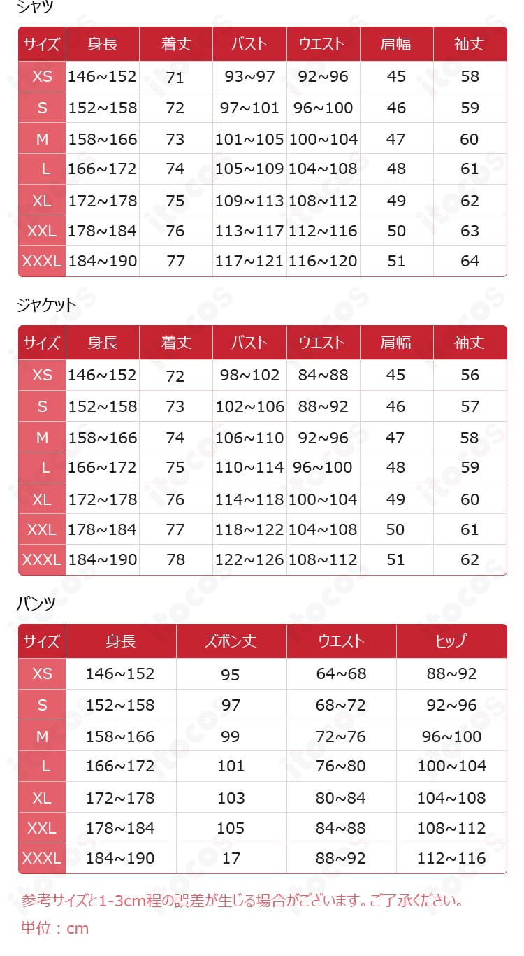 ロイド・フォージャー イベントビジュアルVer.衣装のサイズ案内