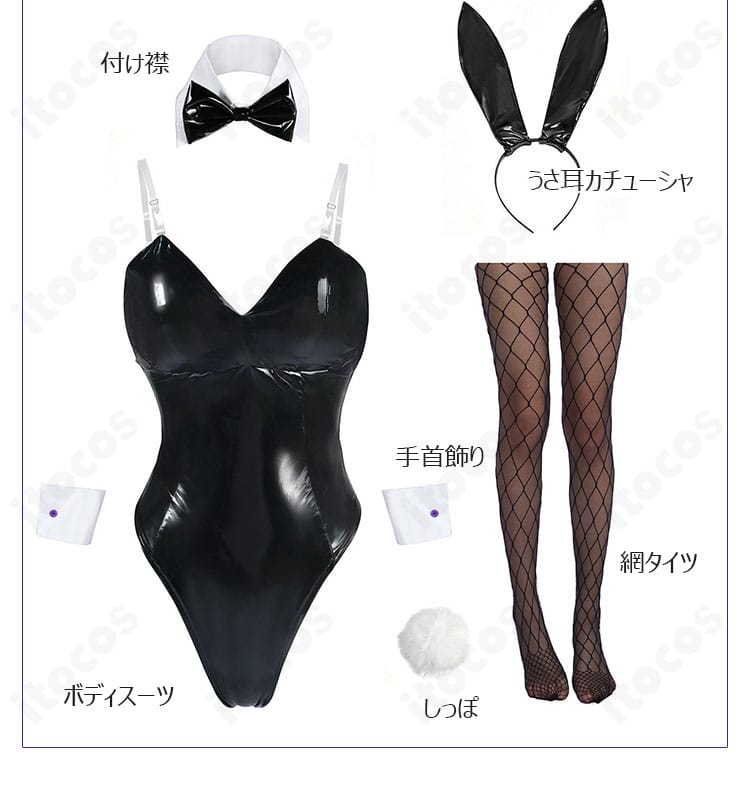 付け襟、うさ耳カチューシャ、網タイツ、しっぽ、手首飾り、ボディスーツのセット内容