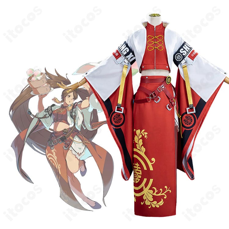 蔵土縁紗夢のキャラクターイメージと赤白チャイナ風コスプレ衣装の商品比較