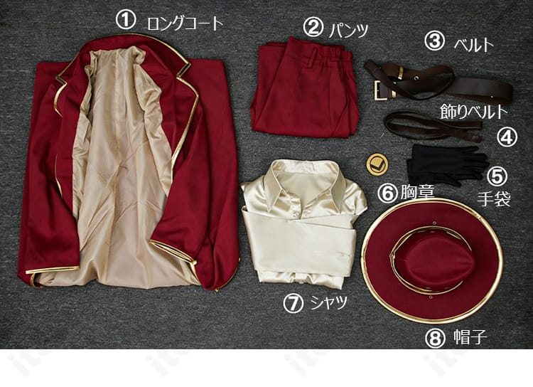 ヴァレンチーナのコスプレ衣装のロングコート、パンツ、ベルト、飾りベルト、手袋、胸章、シャツ、帽子のセット内容