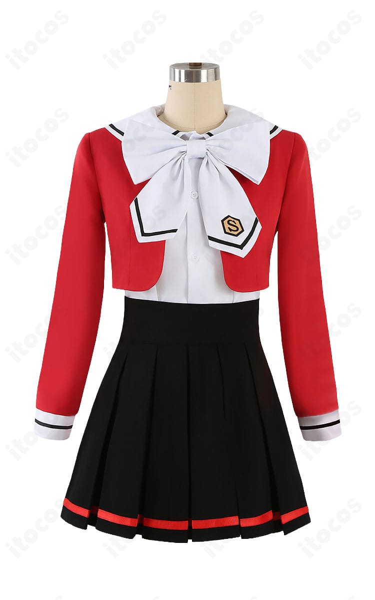 獅堂光の制服版コスプレ衣装の正面、赤いジャケットとプリーツスカート