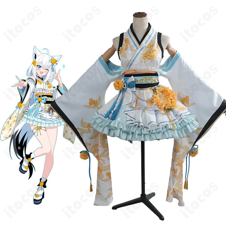 ホロライブ・白上フブキのキャラクター画像と「狐のお宮でこんこんこん」コスプレ衣装の比較