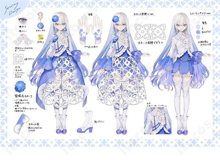 妃那子のブルードレス衣装をパーツごとに紹介する構成・ディテール画像