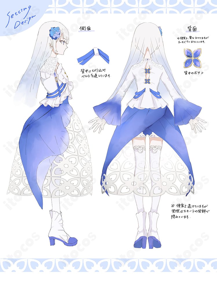 妃那子の紫陽花モチーフのブルードレスを側面と背面から確認できるディテール画像