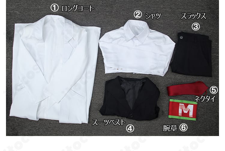 ホーエンハイム過去版コスプレ衣装のロングコート、シャツ、スラックス、ベスト、ネクタイ、腕章の6点セット