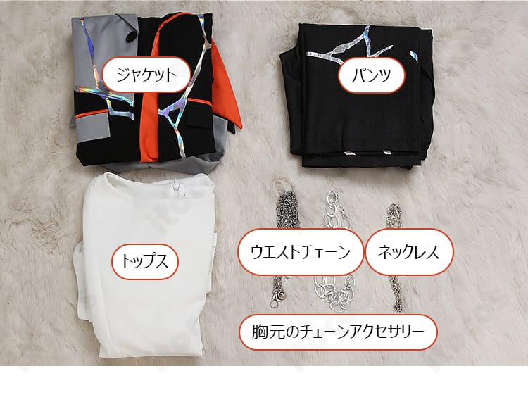 流星隊ネイキッド衣装のジャケット・パンツ・トップスとアクセサリーのセット内容