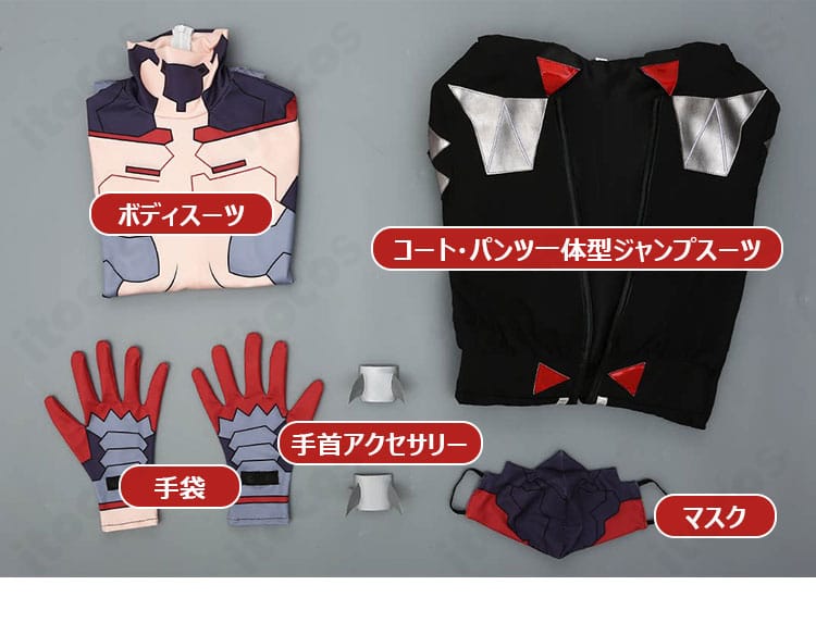 ボディスーツ、一体型ジャンプスーツ、手袋、マスク、手首アクセサリーのセット内容