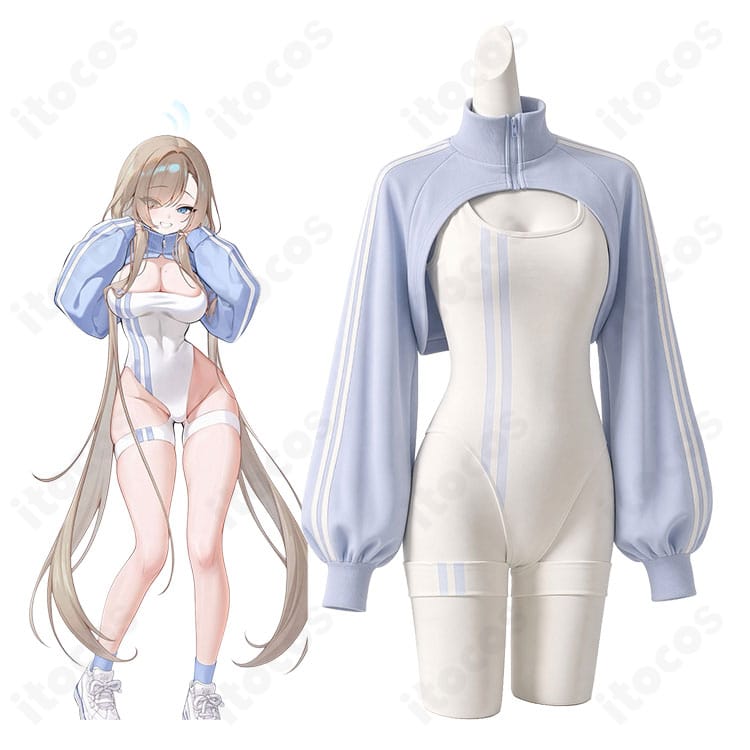 ブルーアーカイブの一之瀬アスナのキャラクター画像と二次創作スポーツウェア風コスプレ衣装