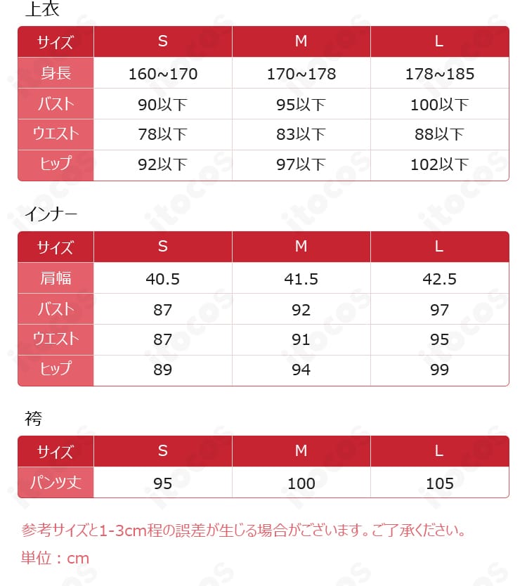 黒死牟コスプレ衣装のサイズ・セット内容を確認するための商品案内画像