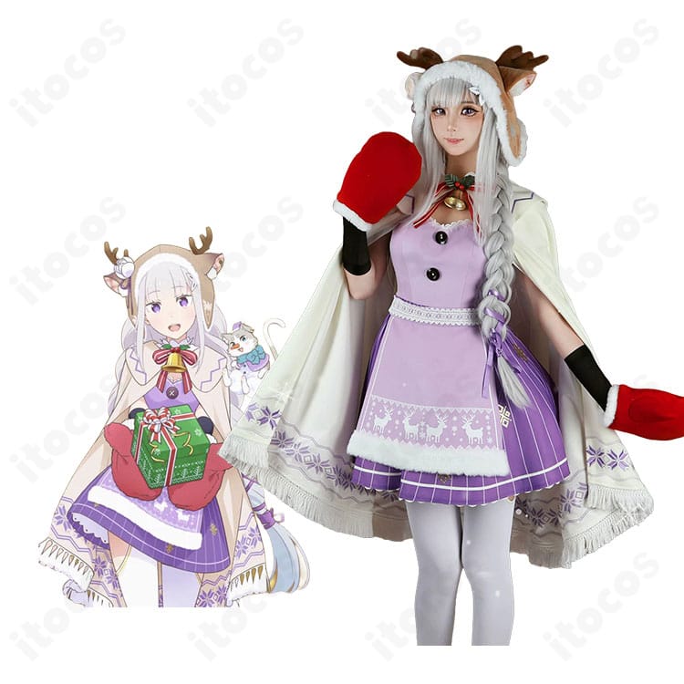 リゼロのエミリアのキャラクター画像とクリスマスコスプレ衣装の商品画像