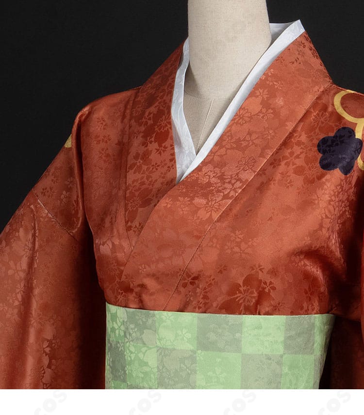 桃園奈々生の着物コスプレ衣装の襟元装飾の詳細