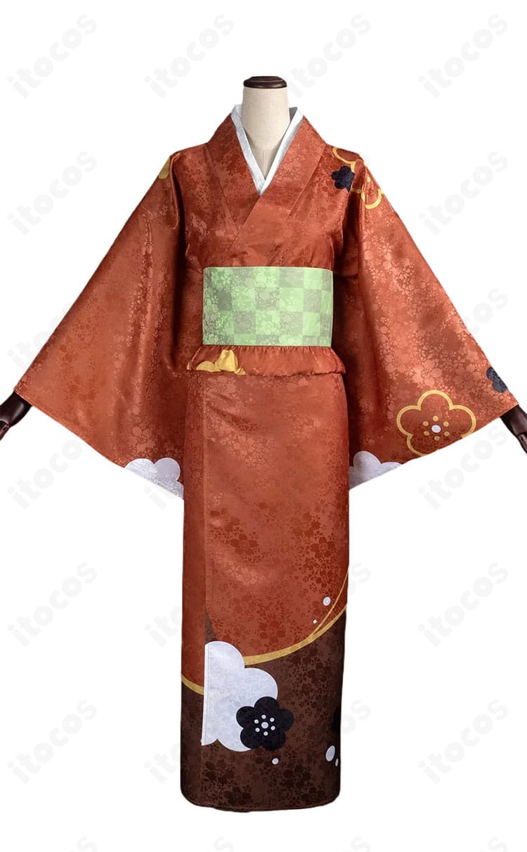 桃園奈々生の赤茶色の着物コスプレ衣装の正面