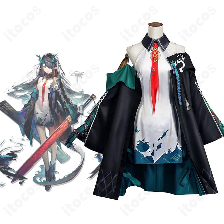 アークナイツ シー（Dusk）コスプレ衣装の正面全身とキャラクター比較画像。高再現の配色と装飾を確認できる構図。