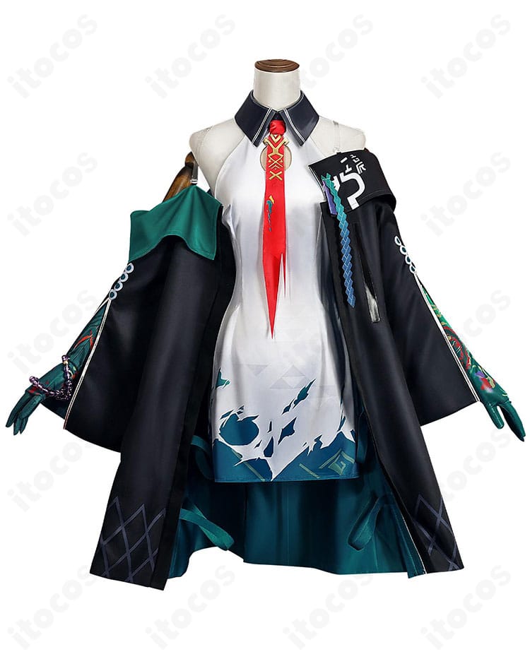 アークナイツ シー コスプレ衣装の正面商品写真。コートとワンピースのシルエット、ネクタイ位置がわかる。