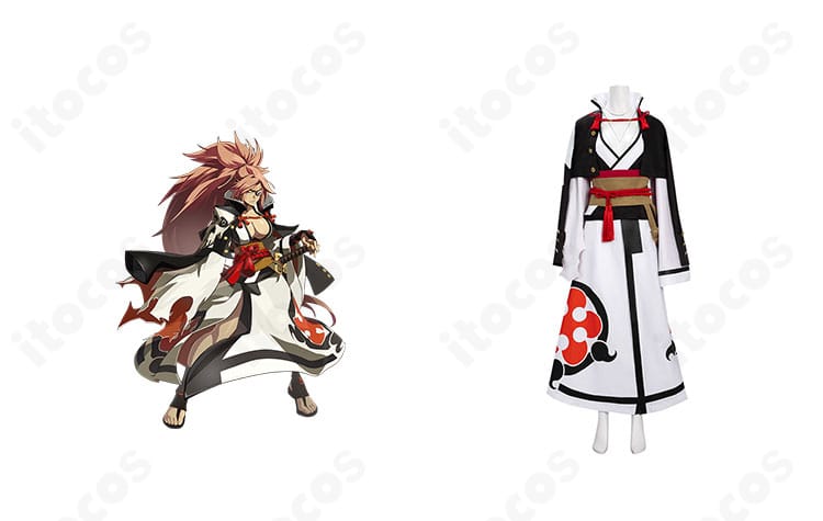 正面全身。ギルティギア 梅喧の和装バトル衣装を再現したコスプレ衣装のフロントビュー。キャラ再現の要点が一目で分かります。