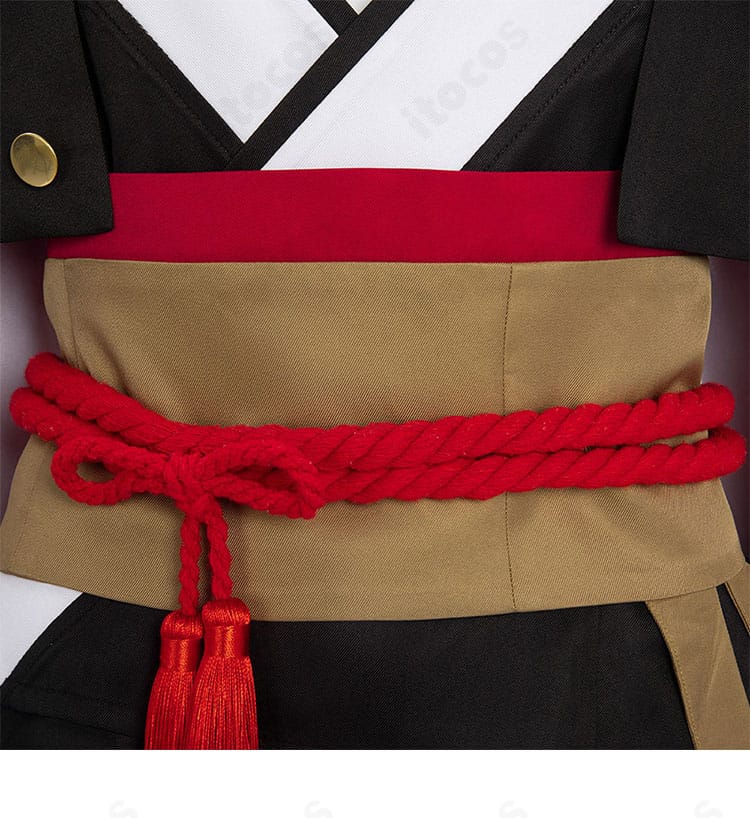 腰部の紐飾り・正面ディテール。コルセットベルトとの重なりと立体感を表現。