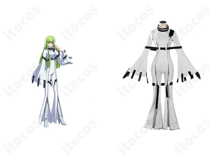 コードギアス 反逆のルルーシュ C.C.拘束衣コスプレの正面＆公式ビジュアル比較。刺繍とベルト位置の再現度を確認できる画像