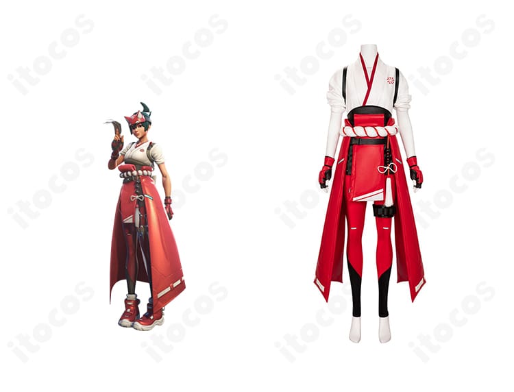 オーバーウォッチ2 キリコ コスプレ衣装 正面とゲームモデル比較画像。配色・シルエットの再現度を確認。