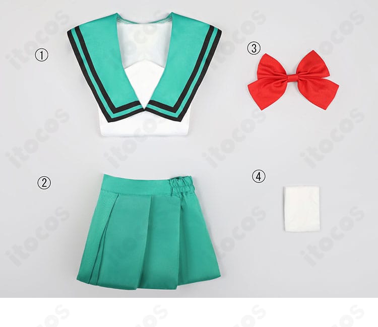 斉木楠雄のΨ難 照橋心美 制服コスプレ 4点セット内容一覧。トップス・スカート・蝶リボン・靴下が揃うことを示す画像。