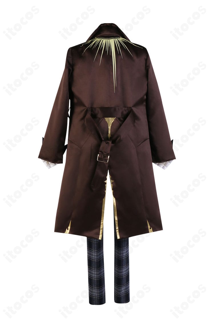 背面ショット。コートの丈感と背中の装飾配置、ライン取りをチェックできる