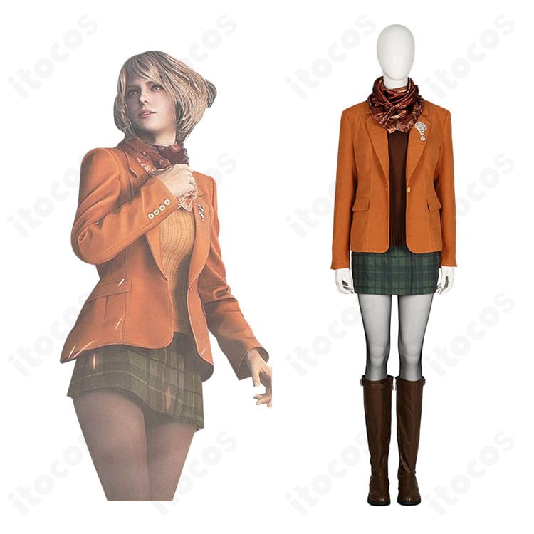 バイオハザード RE:4 アシュリー・グラハム コスプレ衣装の正面全体とゲーム内キャラクター比較。スカーフ、ベスト、プリーツスカートの再現度をチェック。
