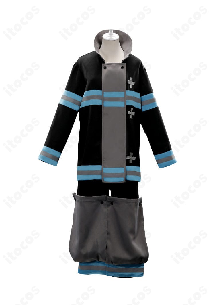 炎炎ノ消防隊 森羅日下部 コスプレ衣装の正面全身。反射ストライプの配置を確認できる画像