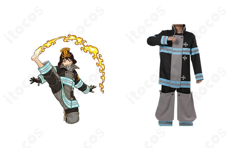 炎炎ノ消防隊 森羅日下部の第8特殊消防隊・消防服コスプレ衣装。正面全体とキャラクター比較のイメージ