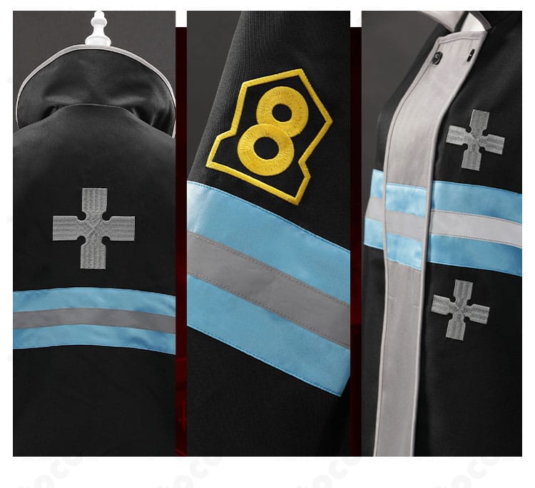 森羅日下部 コスプレ衣装の背面上部ディテール。肩線、反射ストライプ、左肩装飾の近接写真