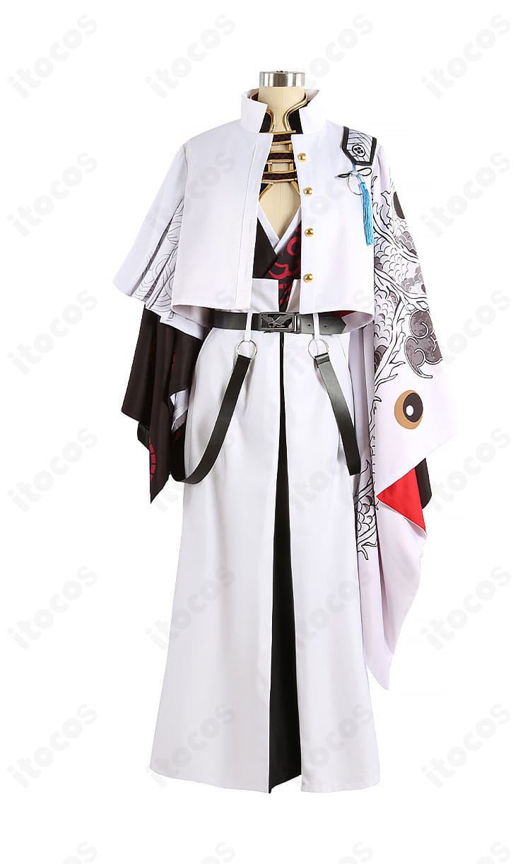 FGO 高杉晋作 第2再臨 コスプレ衣装の正面全身。ロングコートとベルト配置、刺繍のディテールが分かるショット