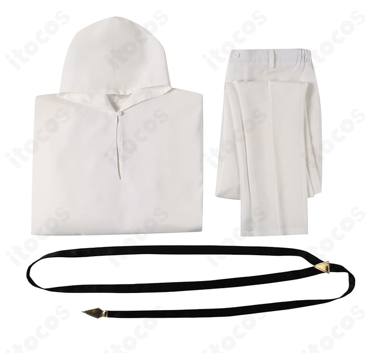 セット内容一覧。上着・ズボン・ネックレスの3点セットを俯瞰で表示した画像。