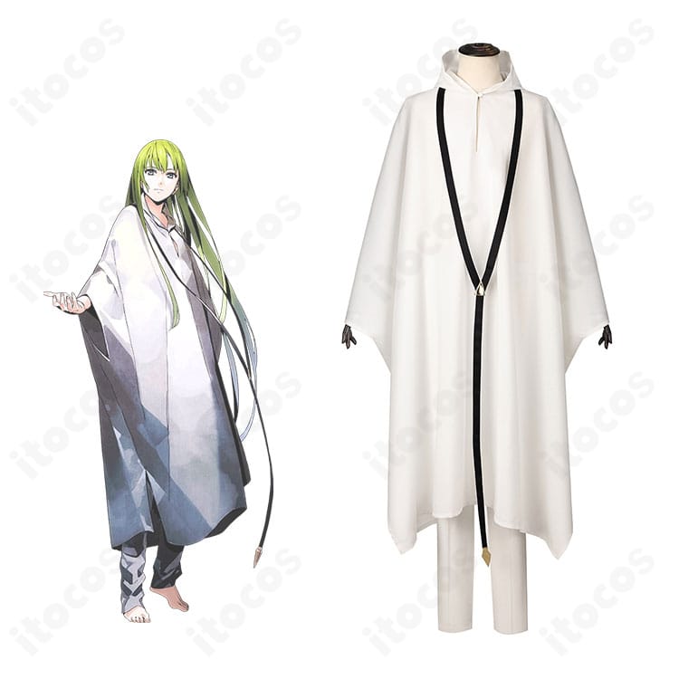 Fate/strange Fake エルキドゥ衣装と原作ビジュアルの比較。フード付き上着とネックレスの意匠が分かる正面画像。