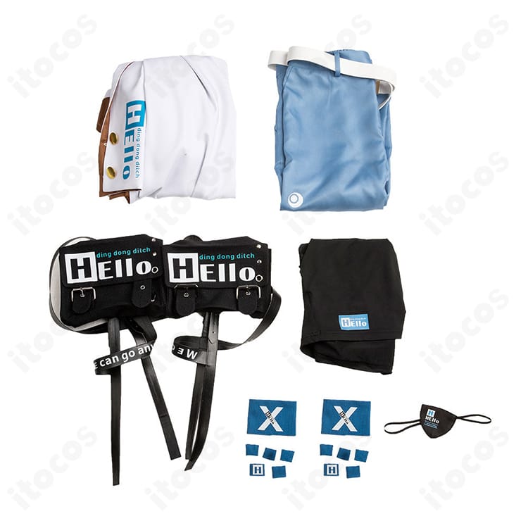 ギルティギア ストライヴ シン＝キスク衣装 セット内容一覧。タンクトップ・コート・ズボン・ベルト・ポーチ・リストバンド・指輪・眼帯を並べた確認画像。