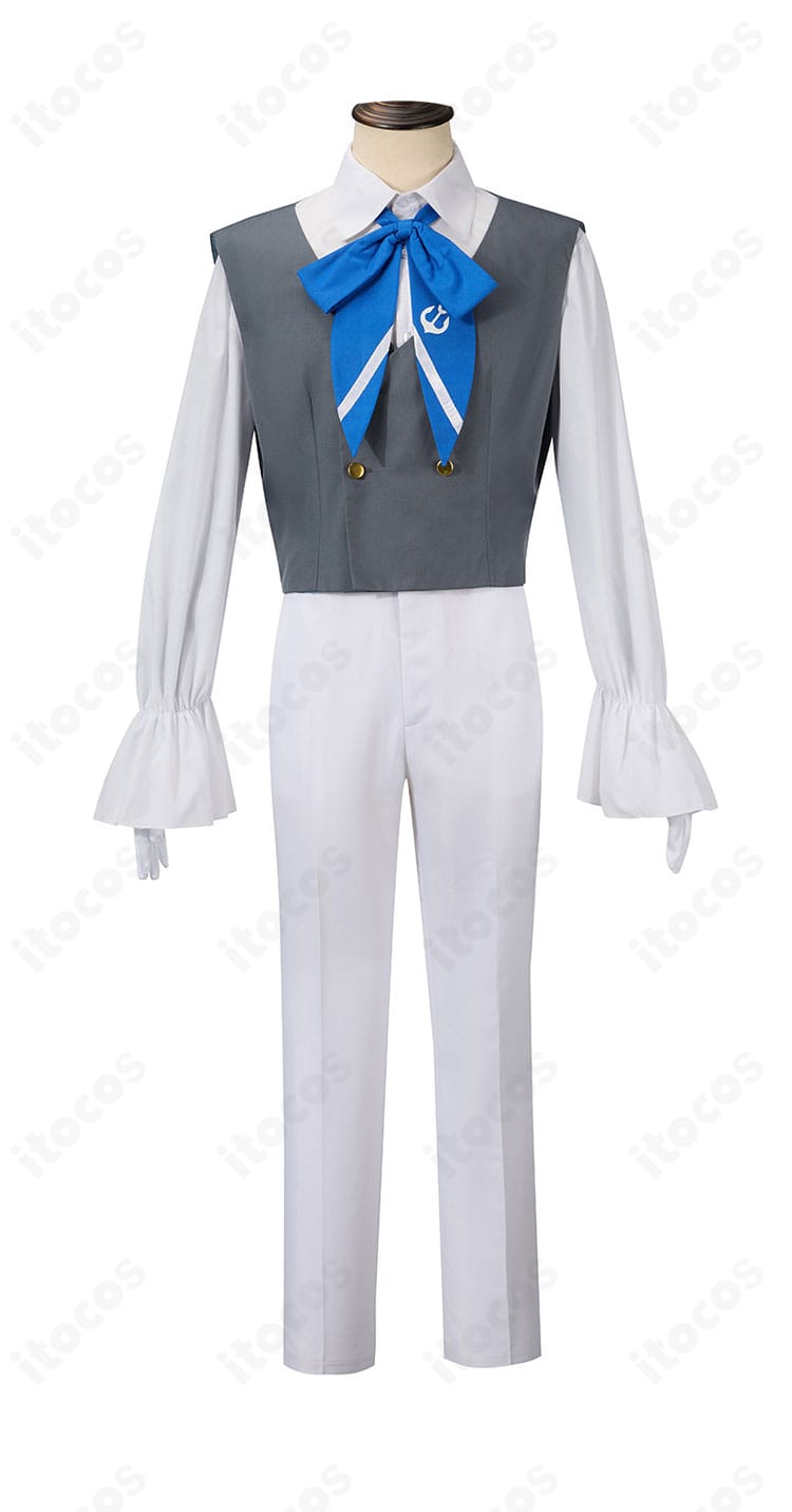 シャツとベストの正面ディテール。襟元から胸元にかけてのステッチと質感を鮮明に撮影。