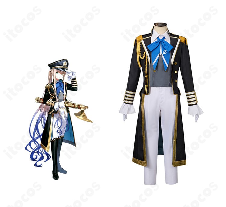 FGOアーケード ネモ 第二段階（軍服）コスプレ衣装の正面着用とキャラ比較。配色・装飾の一致が分かるイメージ。