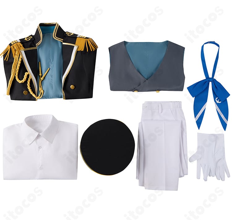 セット内容一式（コート、シャツ、ベスト、ズボン、スカーフ、手袋、帽子）のレイアウト画像。