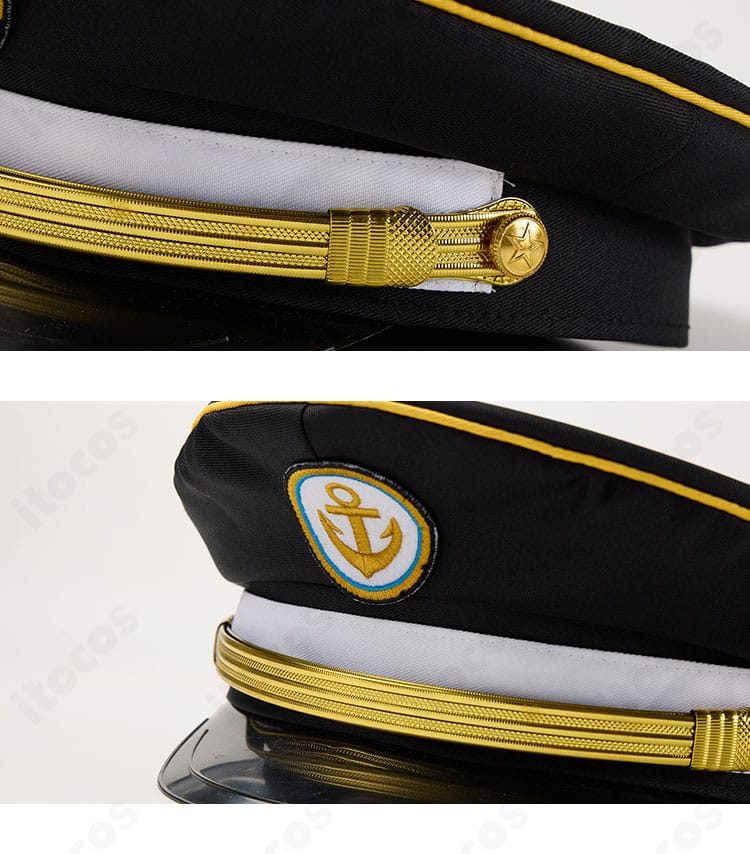 帽子の正面・側面ディテール。庇の形状とリボン意匠、輪郭のシャープさを表現。