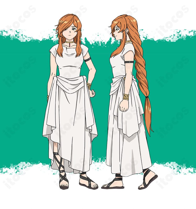 葬送のフリーレン フランメ衣装の正面・側面着用イメージ。フードと腰飾りの位置関係まで再現し、シルエットの美しさを確認できます。