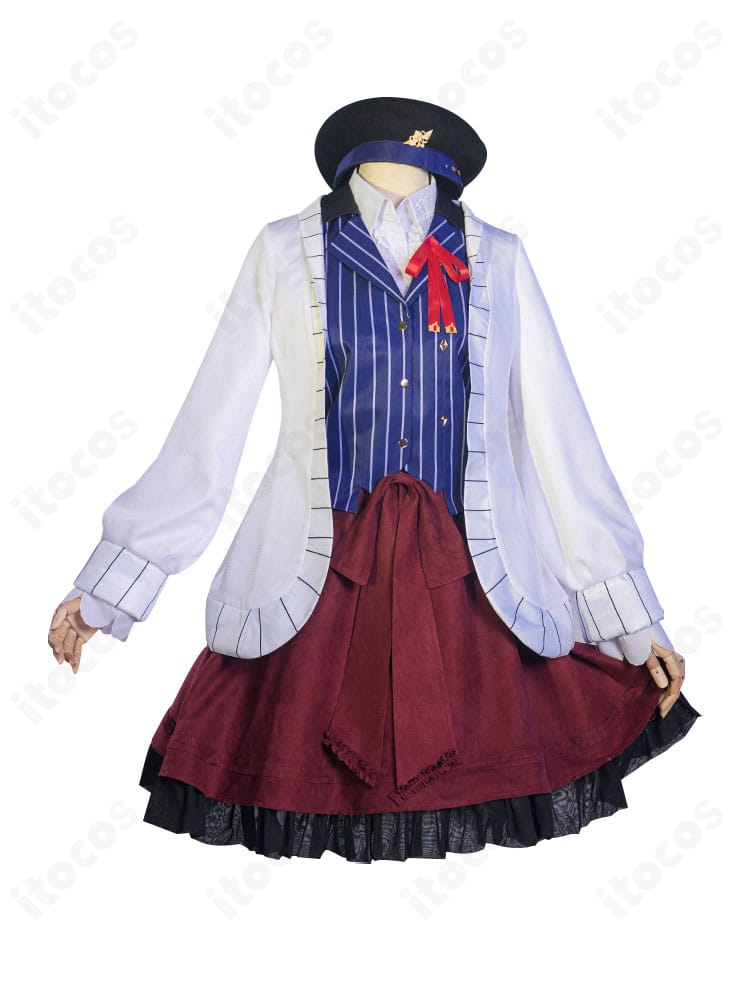 時空の絵旅人 主人公のコスプレ衣装フルセットの正面全体像。コートとスカートのエレガントなシルエットが分かる構図。