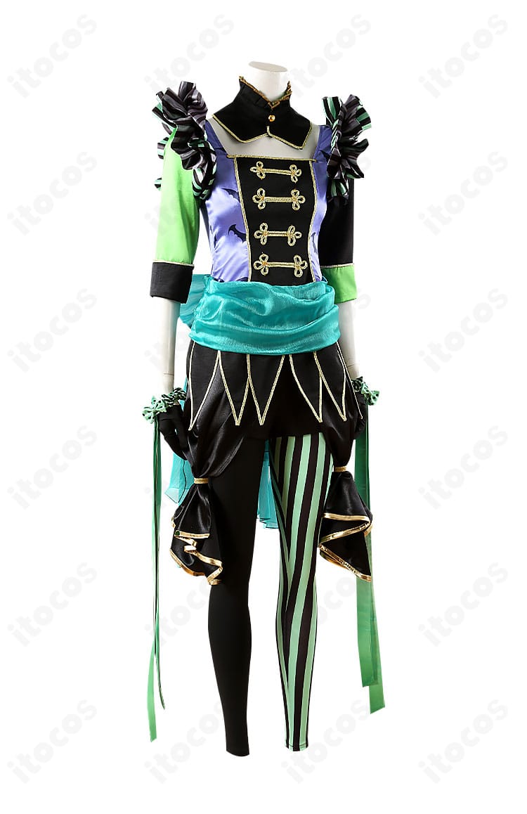 ディズニー ツイステッドワンダーランド リリア・ヴァンルージュのプレイフル・ドレス 側面シルエット。帽子やつけ襟、腰リボンを含む立体感のあるラインを強調。