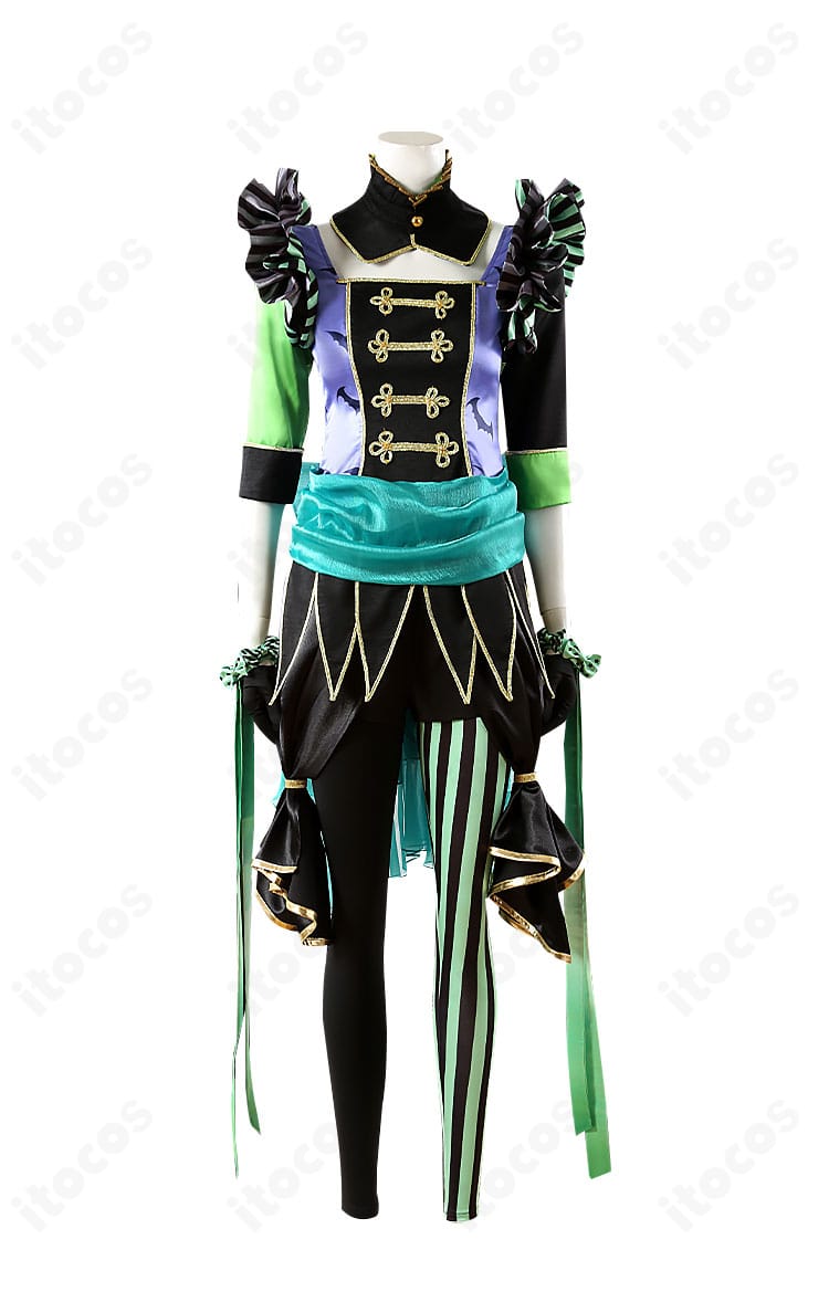 ツイステ リリア・ヴァンルージュ プレイフル・ドレスのコスプレ衣装 正面全身。高コントラスト配色と装飾が映えるフルコーデを確認できます。