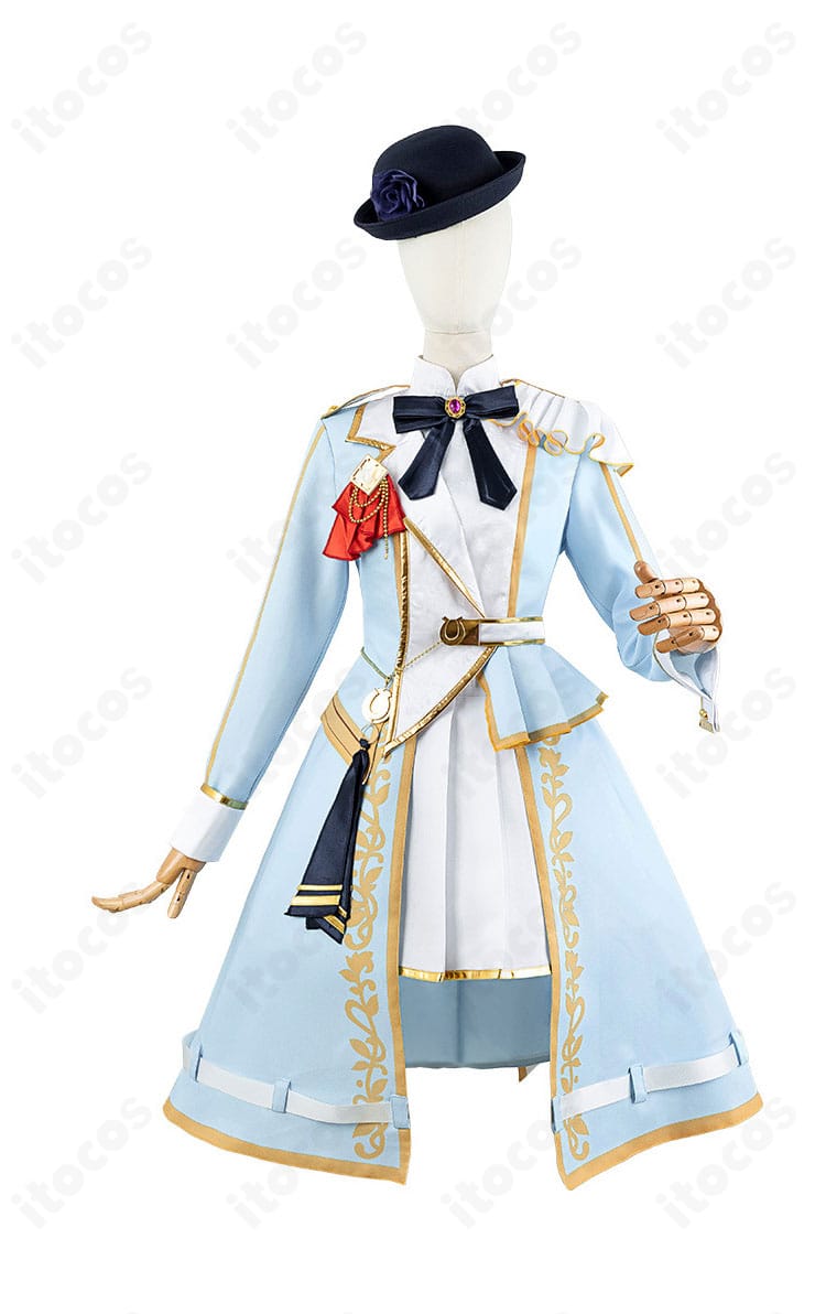 ウマ娘 プリティーダービー ライスシャワー『スノーウィ・インテグレティ』コスプレ衣装の正面全身。配色とリボン、多層フリルの再現を確認できるカット。