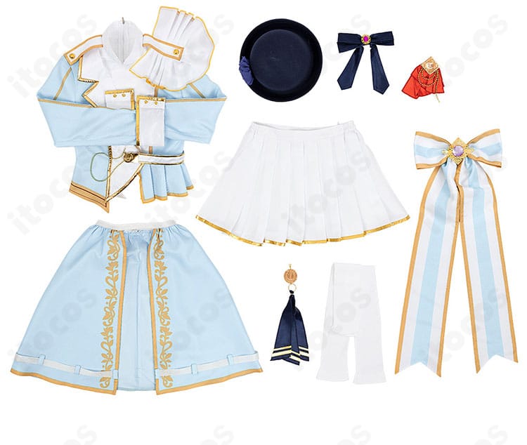 セット内容一覧。トップス、スカート、オーバースカート、背部蝶結び、リボン、胸飾り、腰飾り、靴下、帽子が一式で揃う。