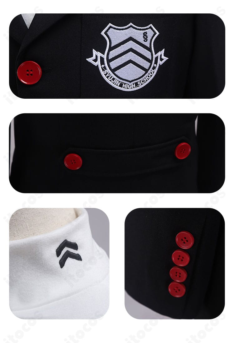 ペルソナ5 雨宮蓮（ジョーカー）衣装の装飾ディテール。胸飾りの固定やボタン配置など、撮影映えする精緻な仕上げ。