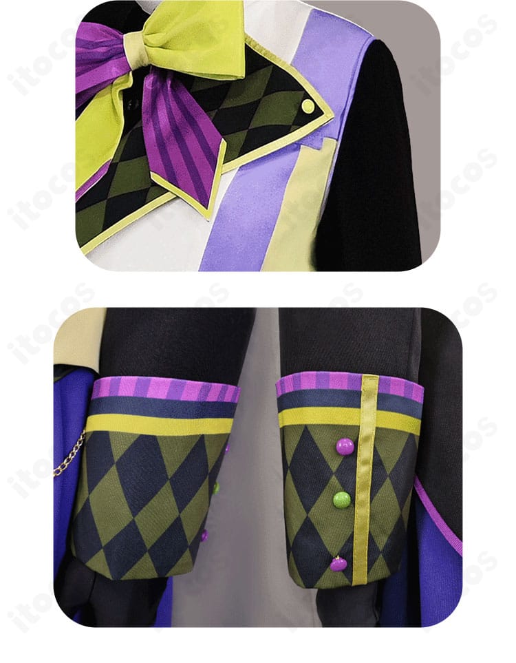 神代類 コスプレ衣装の襟と袖口ディテール。縁取り装飾とステッチワークを強調した近接画像。