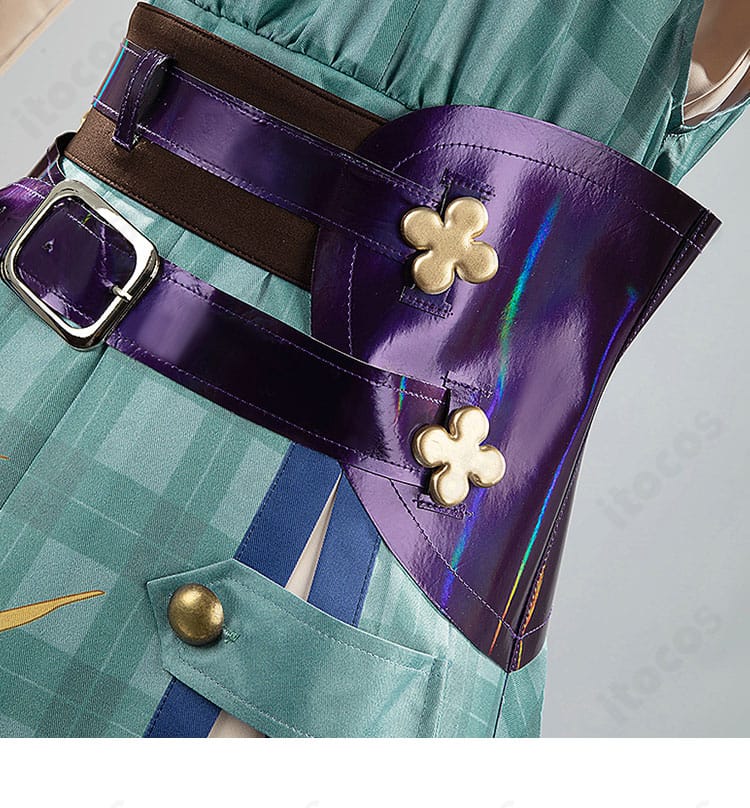 ウエストのベルト装飾ディテール。エナー・アールウェット秋服コスプレのスタイルアップ効果が分かる画像。