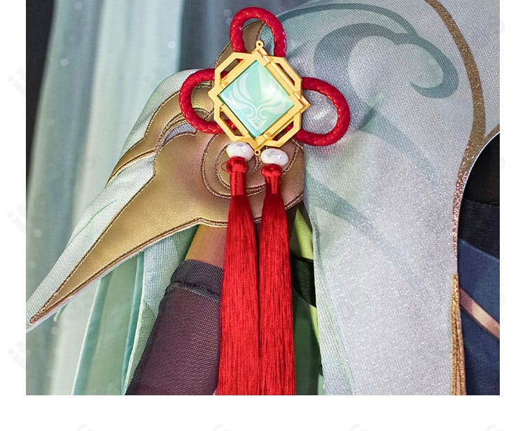 原神 閑雲 コスプレ衣装の肩飾り。赤い組紐パーツの質感と固定方法のアップ