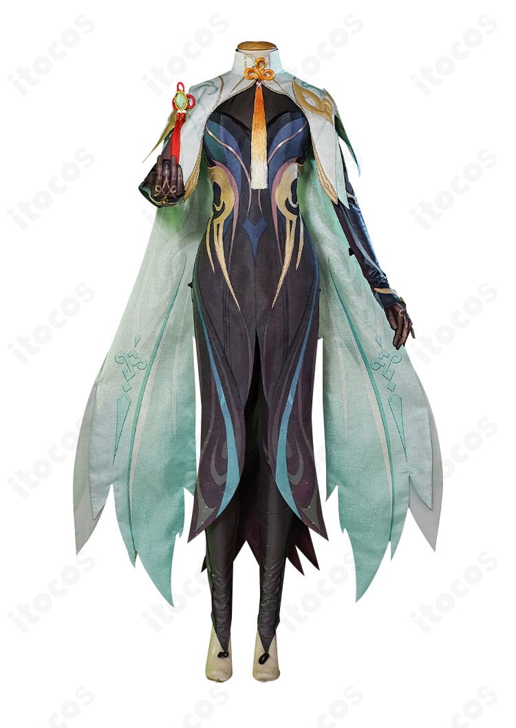 原神 閑雲 コスプレ衣装の正面全体。マントとワンピースのシルエットが分かる構図